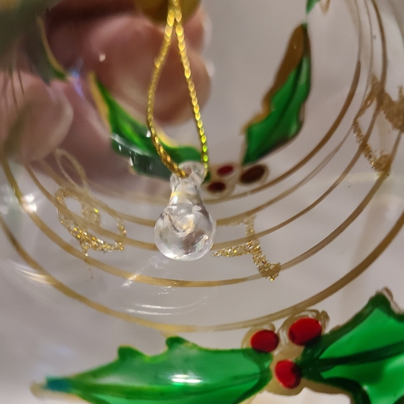 Vtg Clear Glass bell Hand Painted w/Gold Detail Glitter Holly Berries Music Symb - Picture 5 of 5